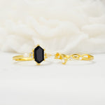 Elegant Long Hexagonal Cut Twisted Vine Black Onyx Engagement Ring - White-Gold
