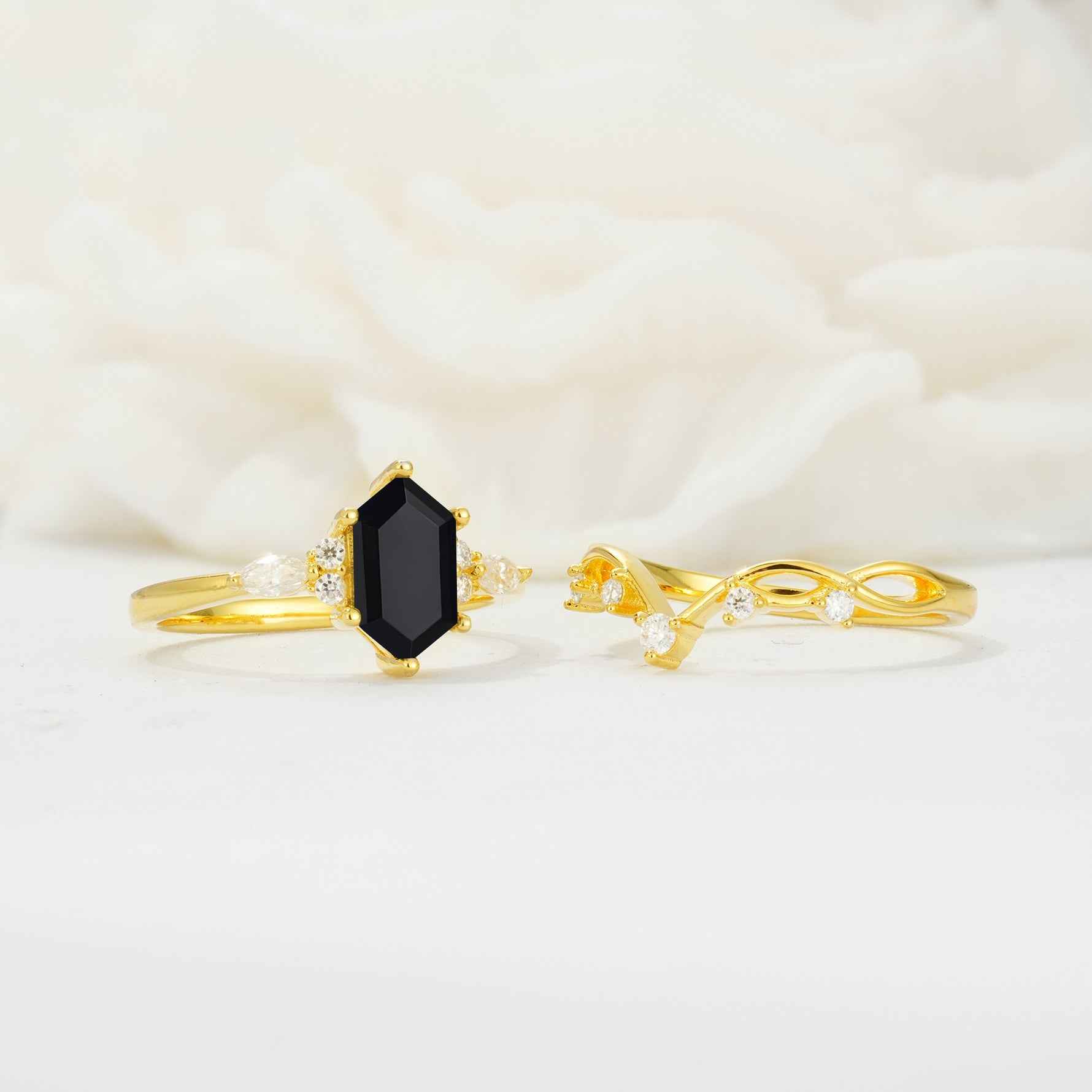 Elegant Long Hexagonal Cut Twisted Vine Black Onyx Engagement Ring - White-Gold