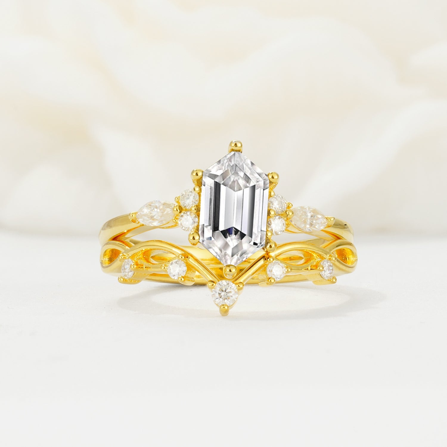 Elegant Long Hexagonal Cut Twisted Vine Lab Diamond Engagement Ring - Yellow-Gold