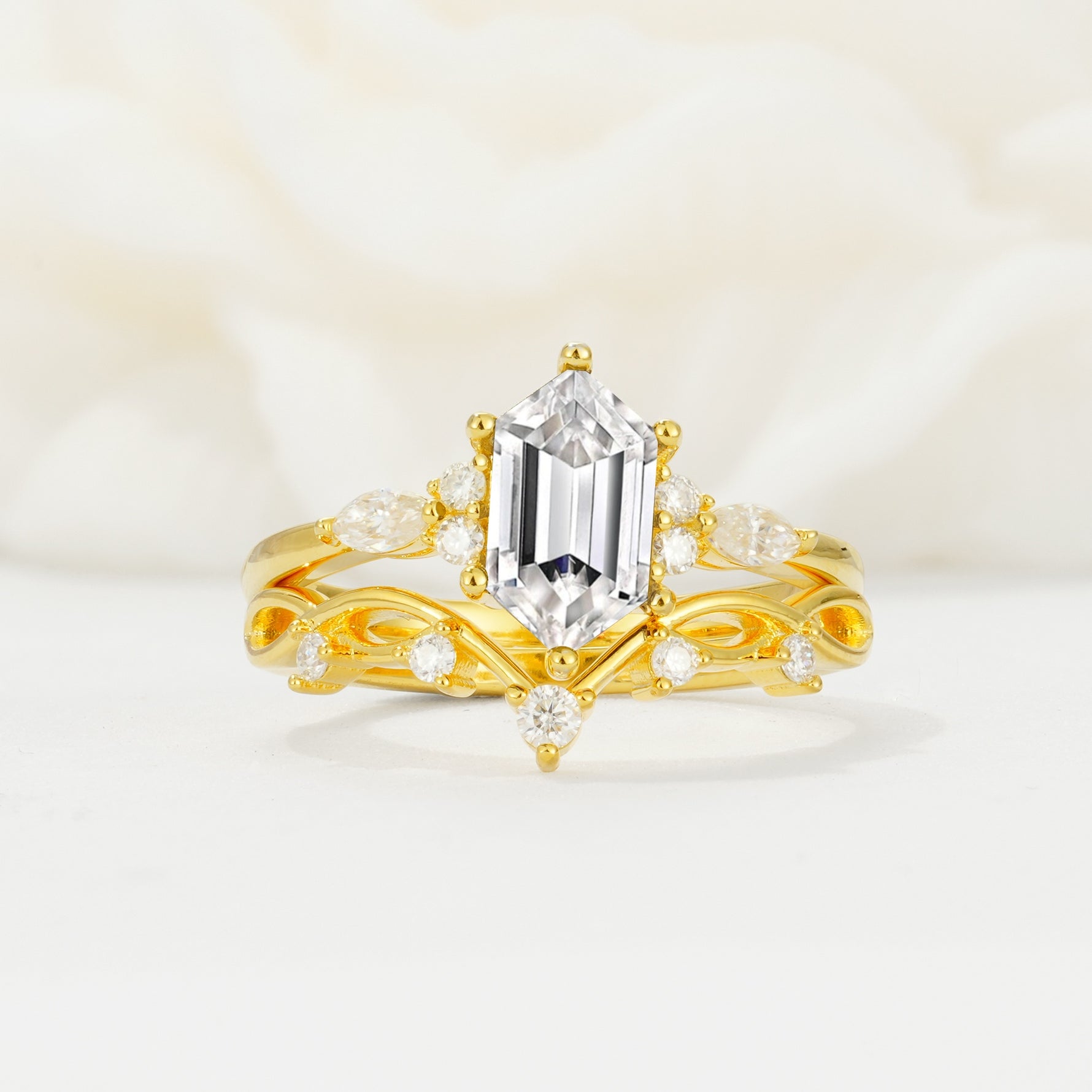 Elegant Long Hexagonal Cut Twisted Vine Lab Diamond Engagement Ring - Yellow-Gold