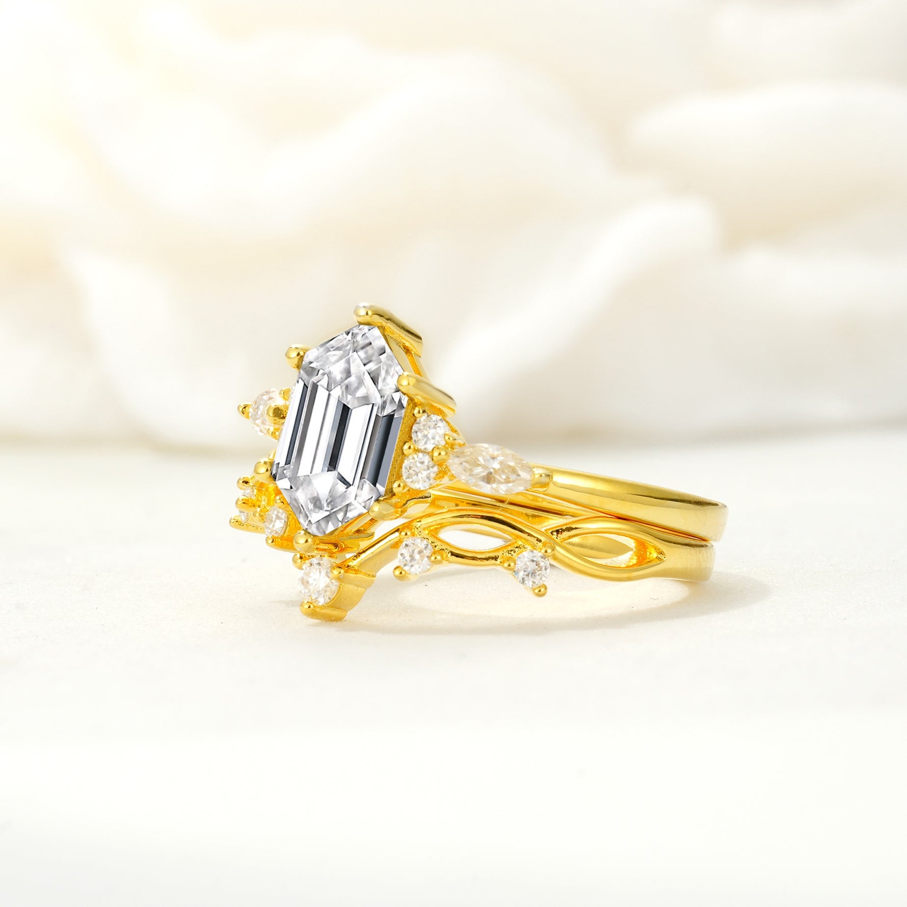 Elegant Long Hexagonal Cut Twisted Vine Lab Diamond Engagement Ring - Rose-Gold