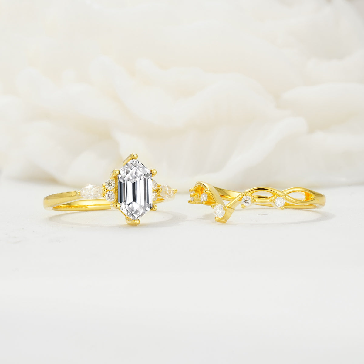 Elegant Long Hexagonal Cut Twisted Vine Lab Diamond Engagement Ring - White-Gold