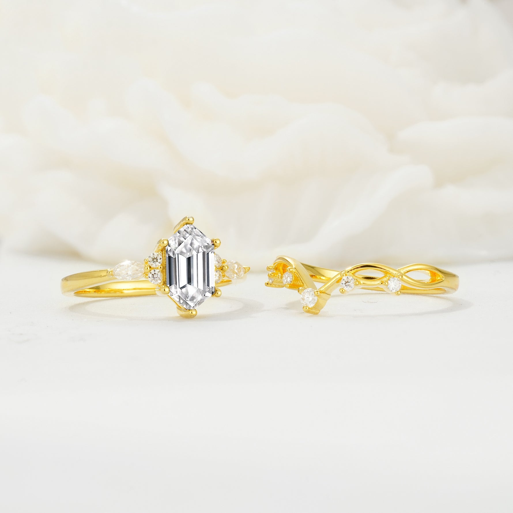 Elegant Long Hexagonal Cut Twisted Vine Lab Diamond Engagement Ring - White-Gold