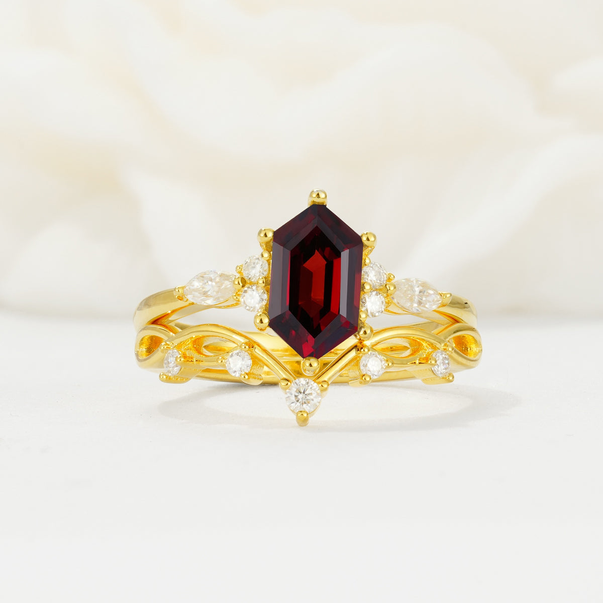 Elegant Long Hexagonal Cut Twisted Vine Garnet Engagement Ring - Yellow-Gold