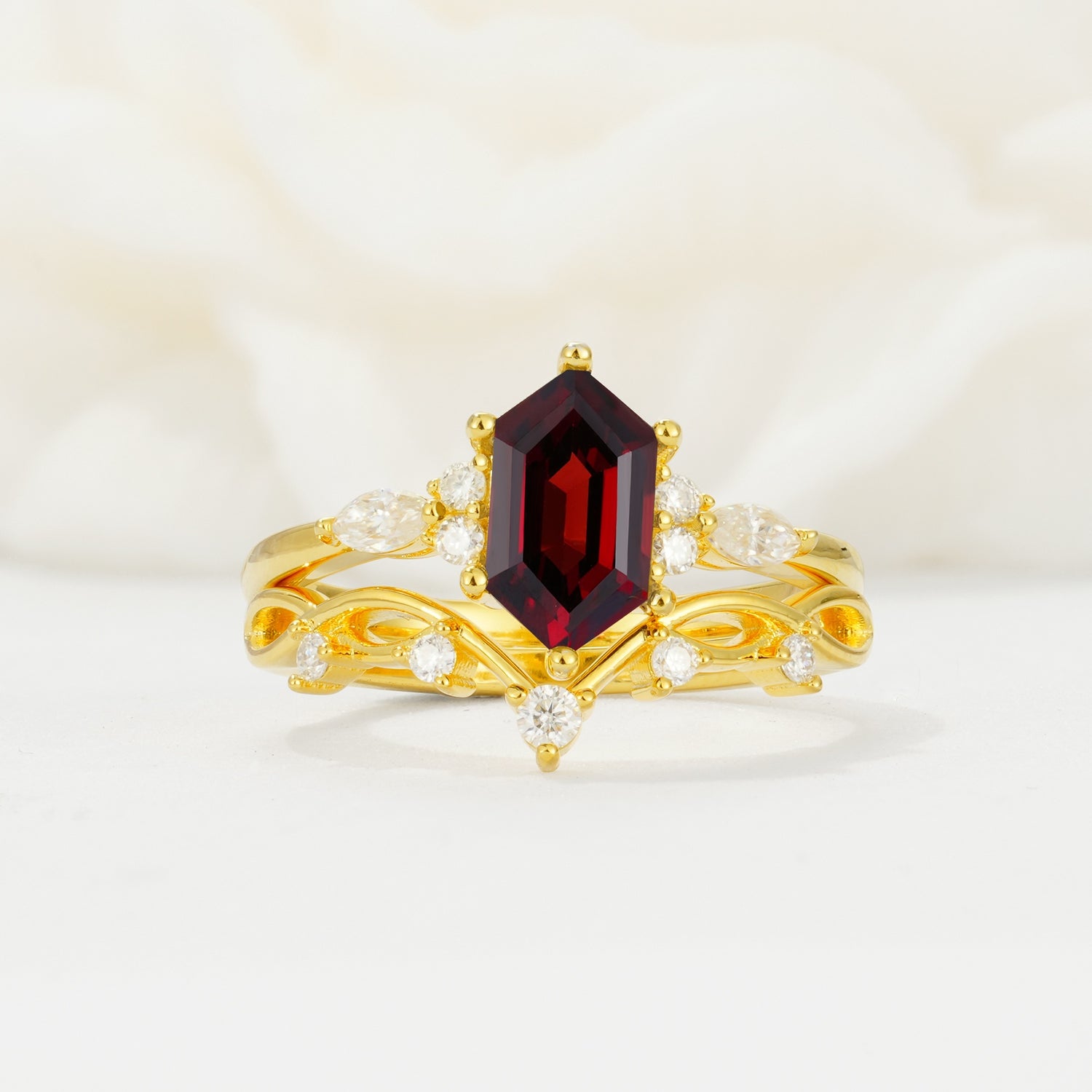 Elegant Long Hexagonal Cut Twisted Vine Garnet Engagement Ring - Yellow-Gold