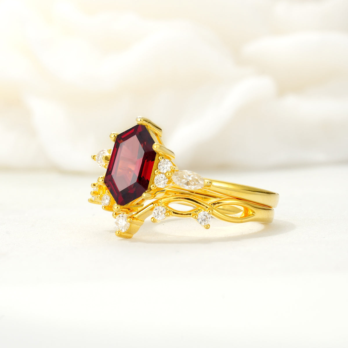 Elegant Long Hexagonal Cut Twisted Vine Garnet Engagement Ring - Rose-Gold