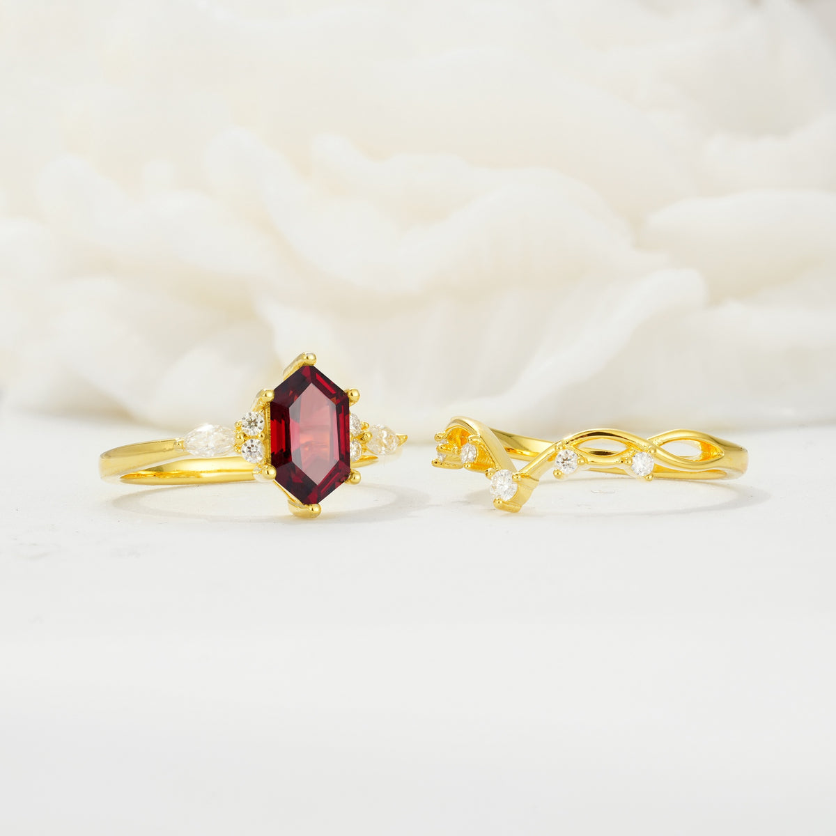 Elegant Long Hexagonal Cut Twisted Vine Garnet Engagement Ring - White-Gold