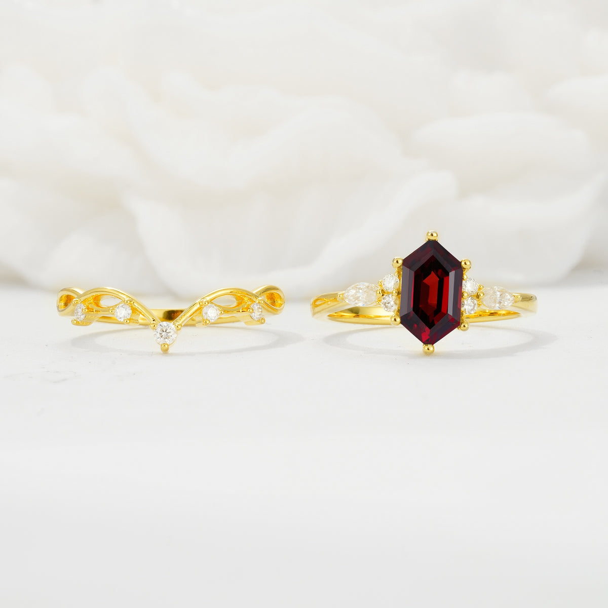 Elegant Long Hexagonal Cut Twisted Vine Garnet Engagement Ring - Additional view