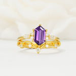 Elegant Long Hexagonal Cut Twisted Vine Amethyst Engagement Ring - Yellow-Gold