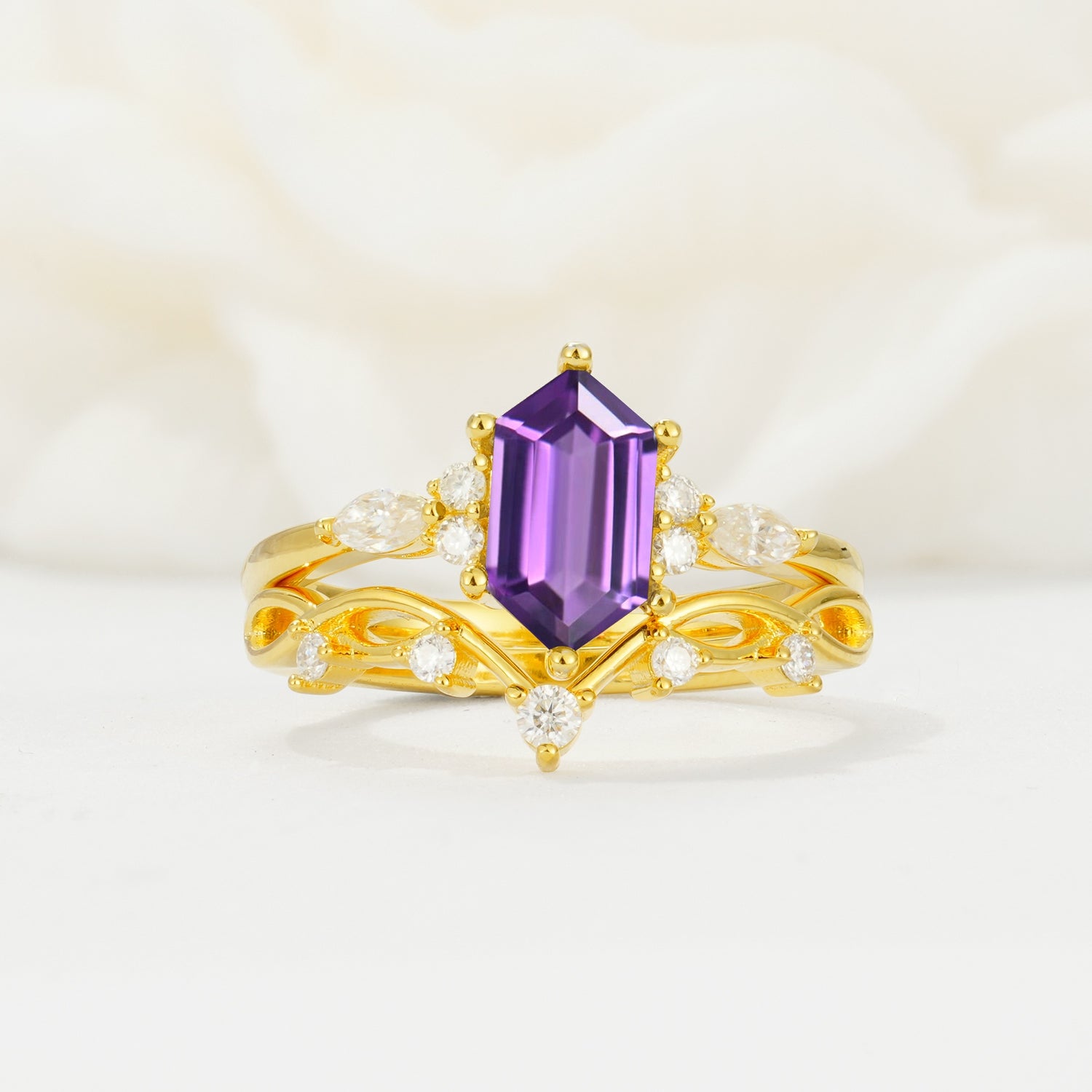 Elegant Long Hexagonal Cut Twisted Vine Amethyst Engagement Ring - Yellow-Gold