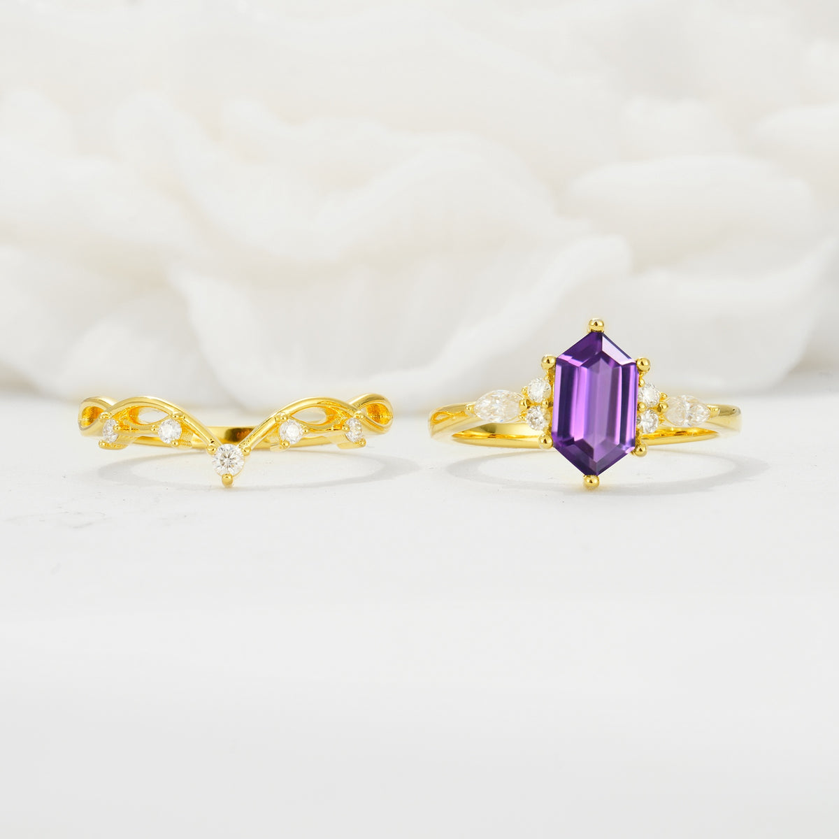 Elegant Long Hexagonal Cut Twisted Vine Amethyst Engagement Ring - Additional view