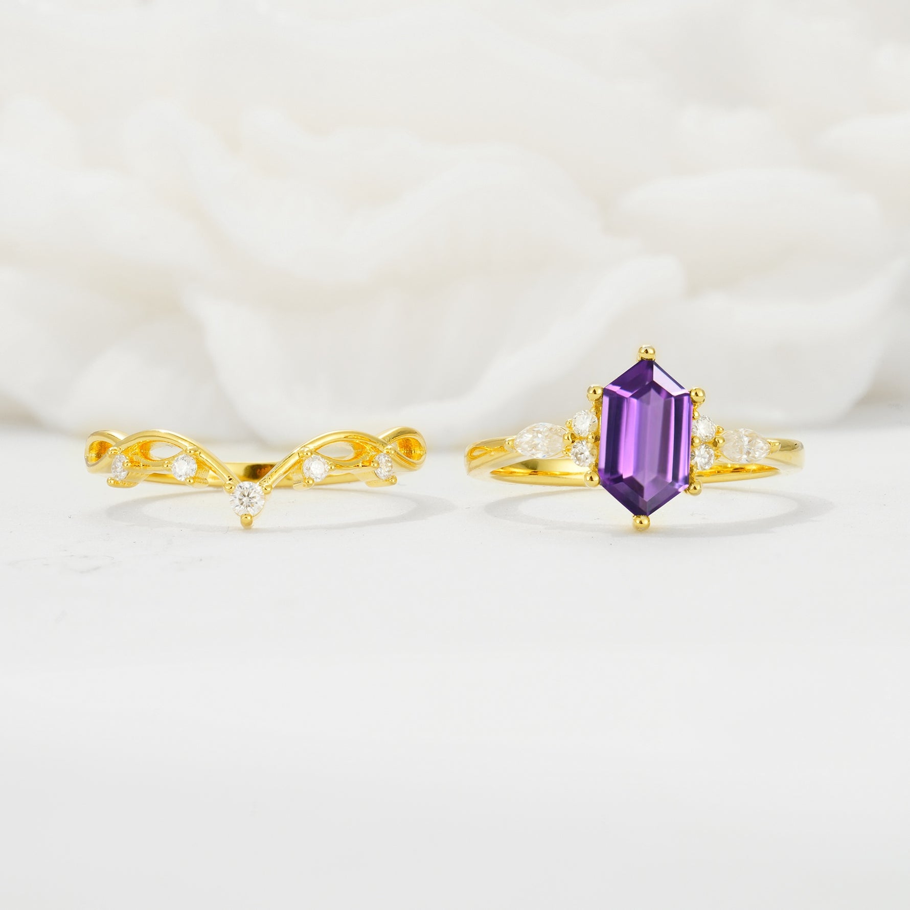 Elegant Long Hexagonal Cut Twisted Vine Amethyst Engagement Ring - Additional view