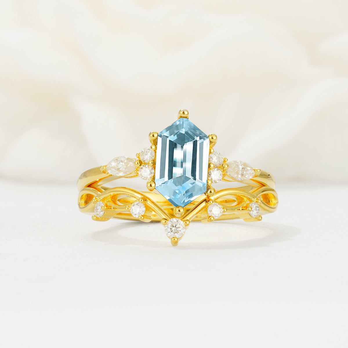 Elegant Long Hexagonal Cut Twisted Vine Aquamarine Engagement Ring - Yellow-Gold