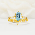 Elegant Long Hexagonal Cut Twisted Vine Aquamarine Engagement Ring - Yellow-Gold