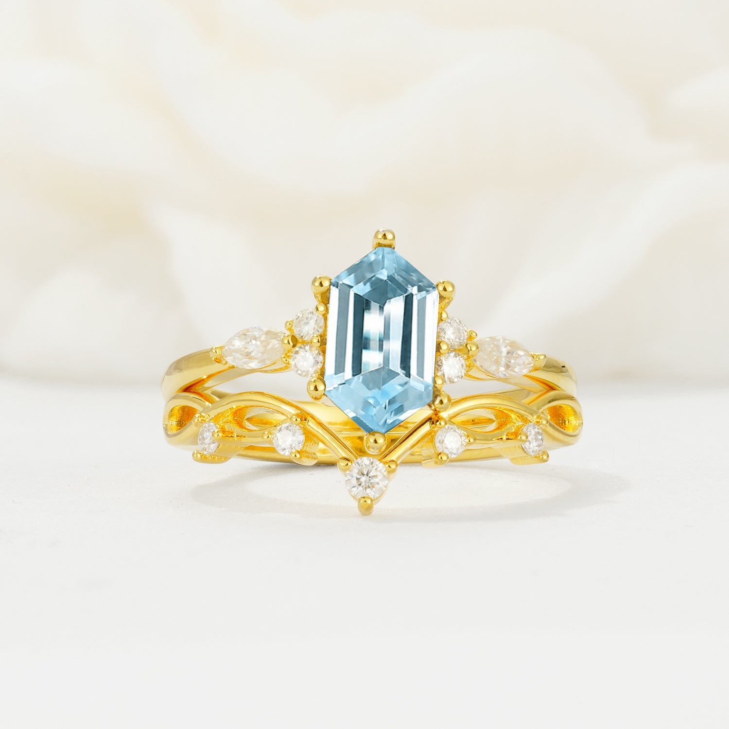 Elegant Long Hexagonal Cut Twisted Vine Aquamarine Engagement Ring - Yellow-Gold