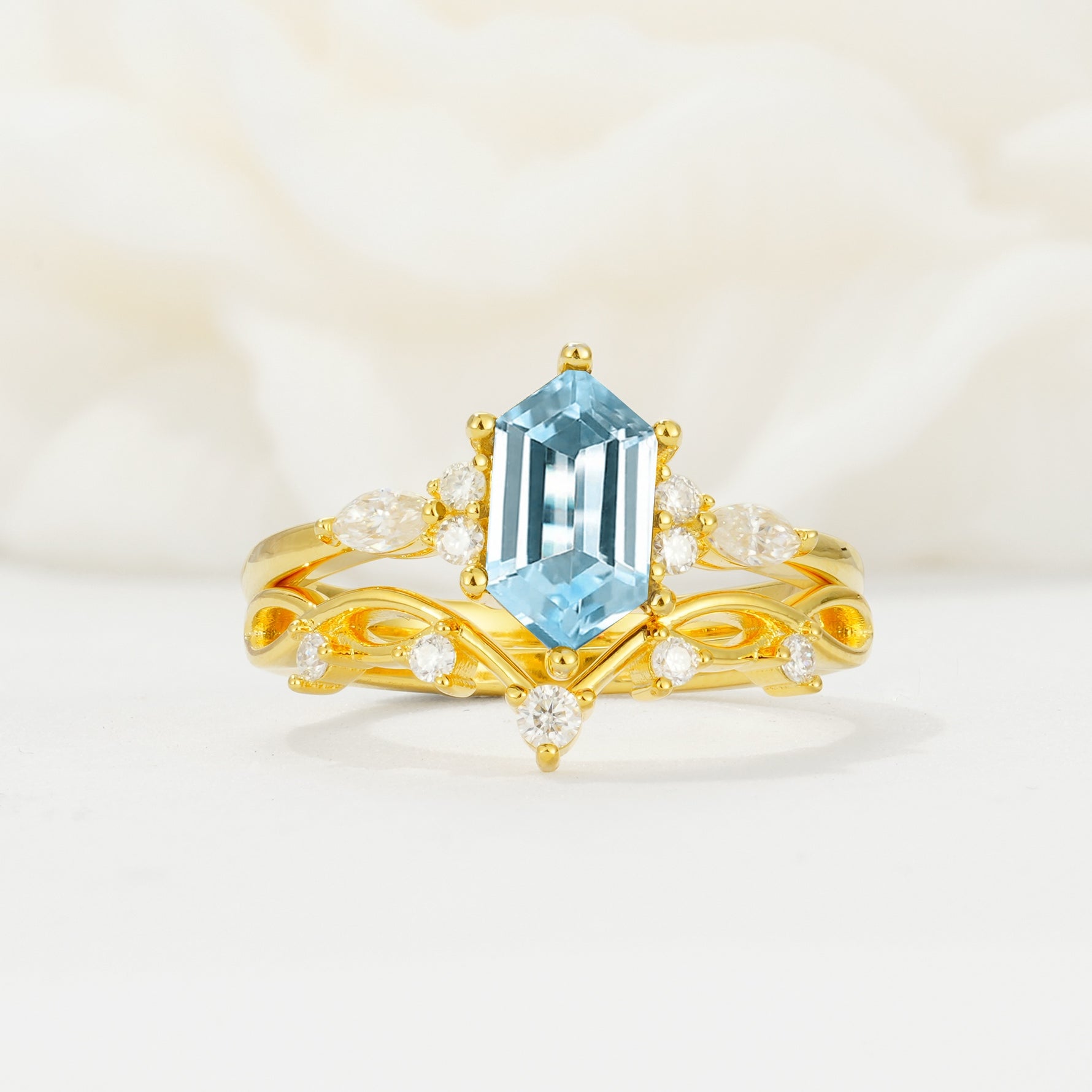 Elegant Long Hexagonal Cut Twisted Vine Aquamarine Engagement Ring - Yellow-Gold