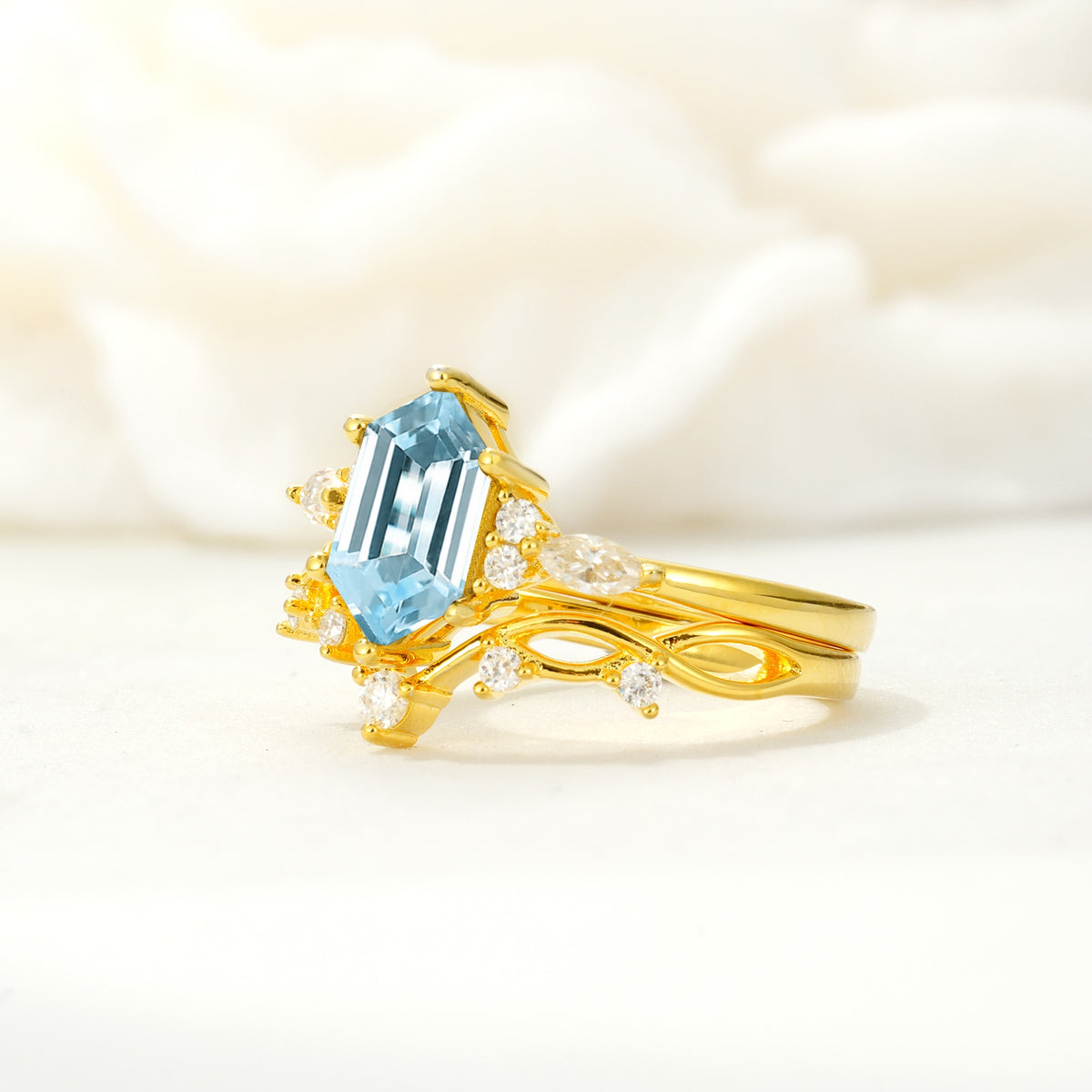 Elegant Long Hexagonal Cut Twisted Vine Aquamarine Engagement Ring - Rose-Gold