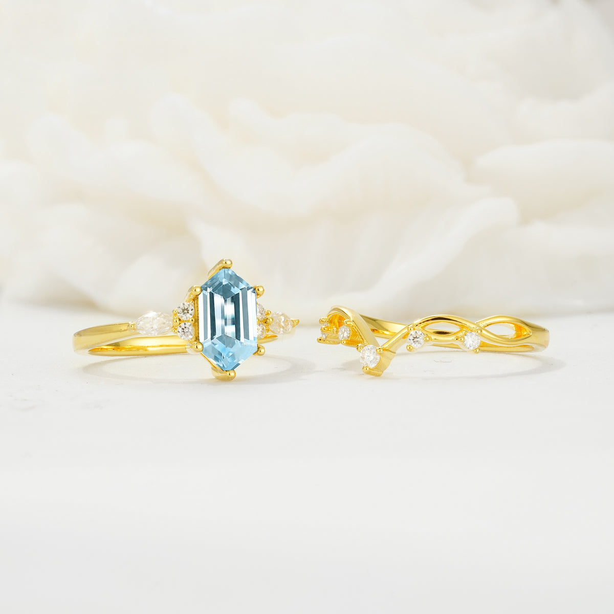 Elegant Long Hexagonal Cut Twisted Vine Aquamarine Engagement Ring - White-Gold