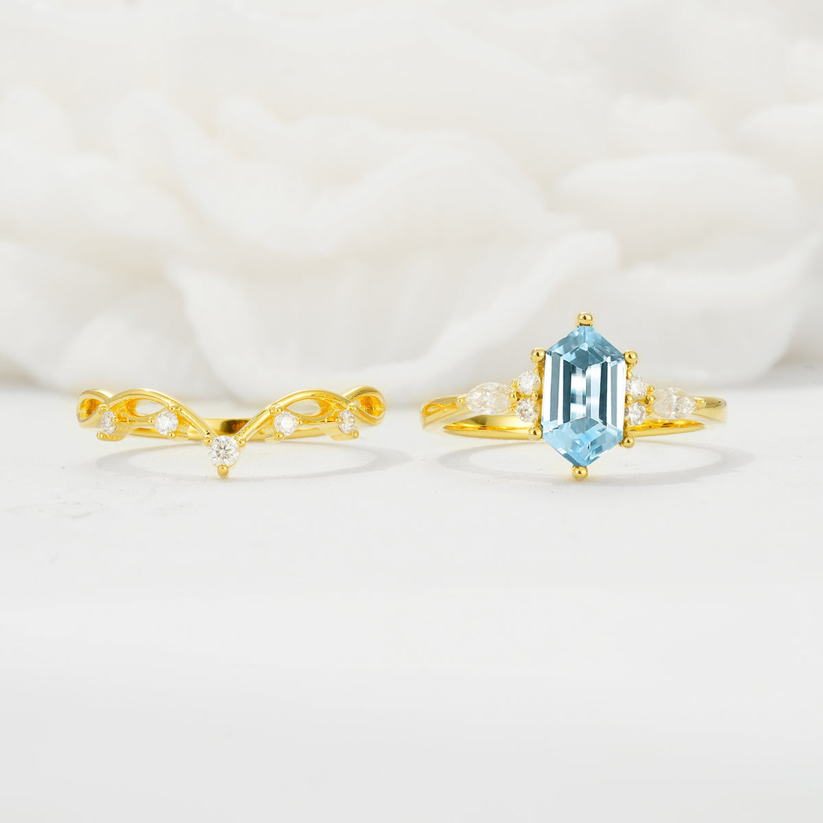 Elegant Long Hexagonal Cut Twisted Vine Aquamarine Engagement Ring - Additional view