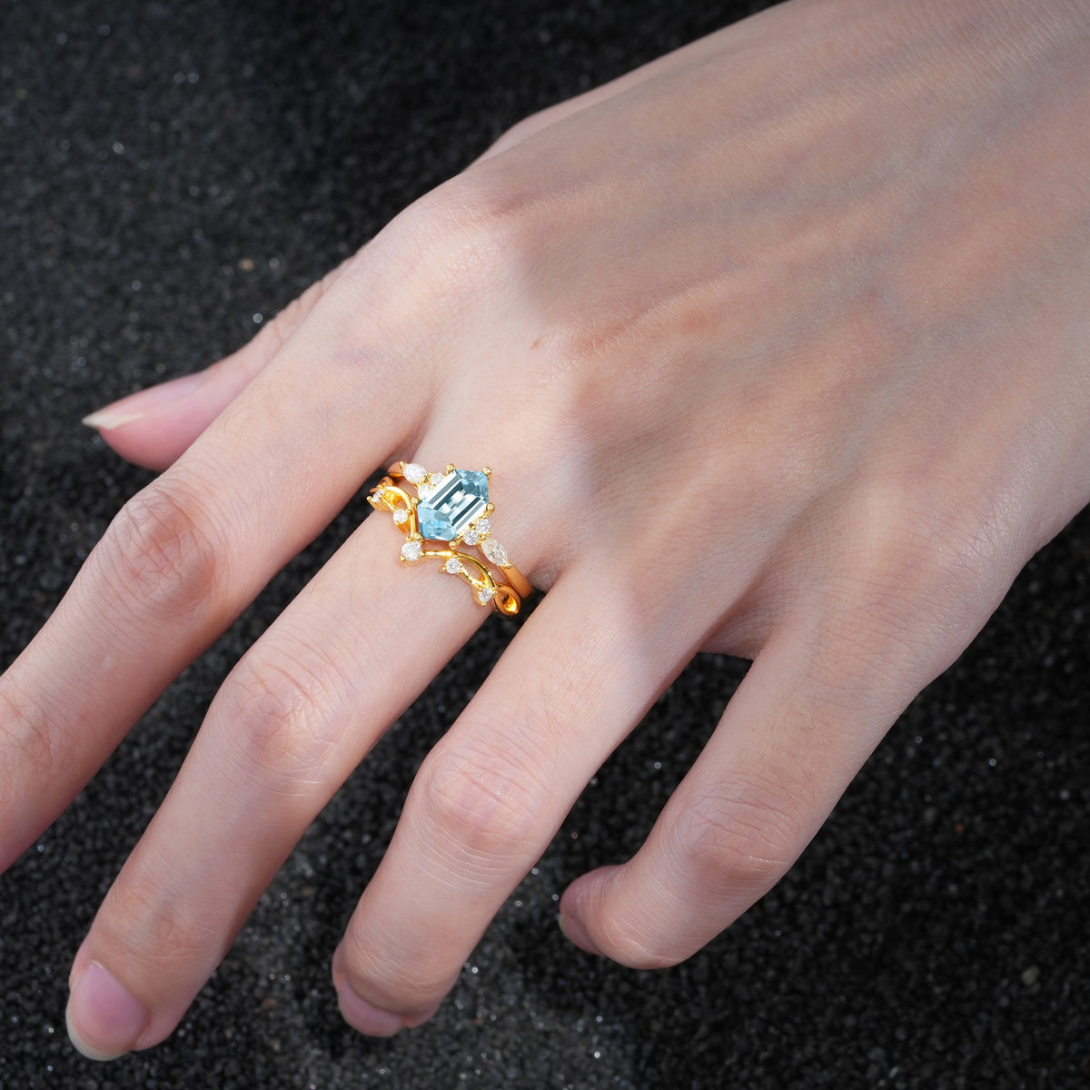 Elegant Long Hexagonal Cut Twisted Vine Aquamarine Engagement Ring - Additional view