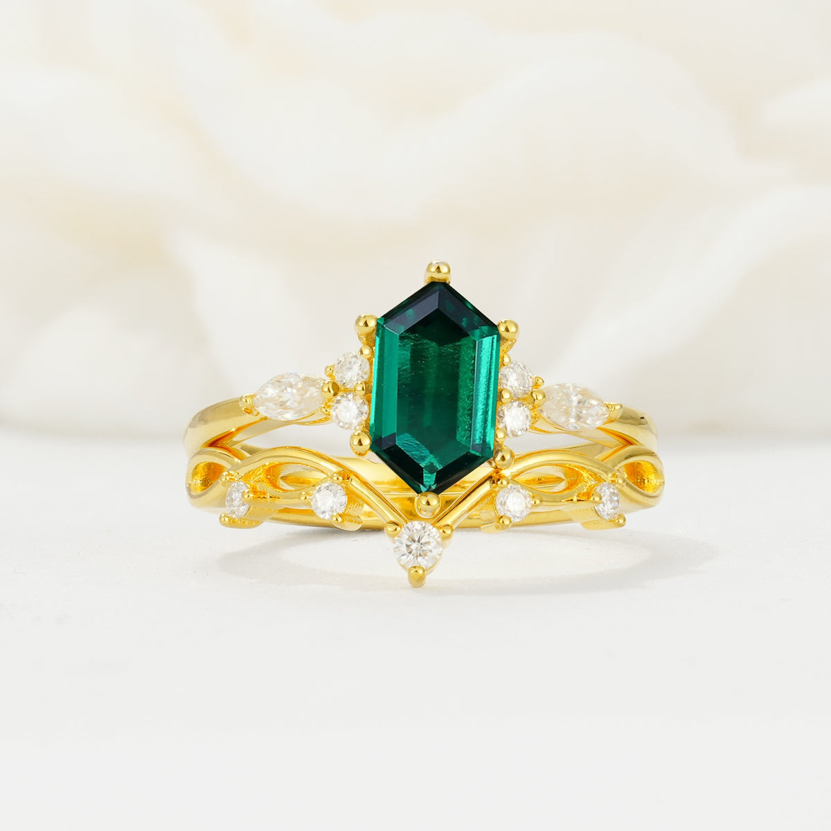 Elegant Long Hexagonal Cut Twisted Vine Emerald Engagement Ring - Yellow-Gold