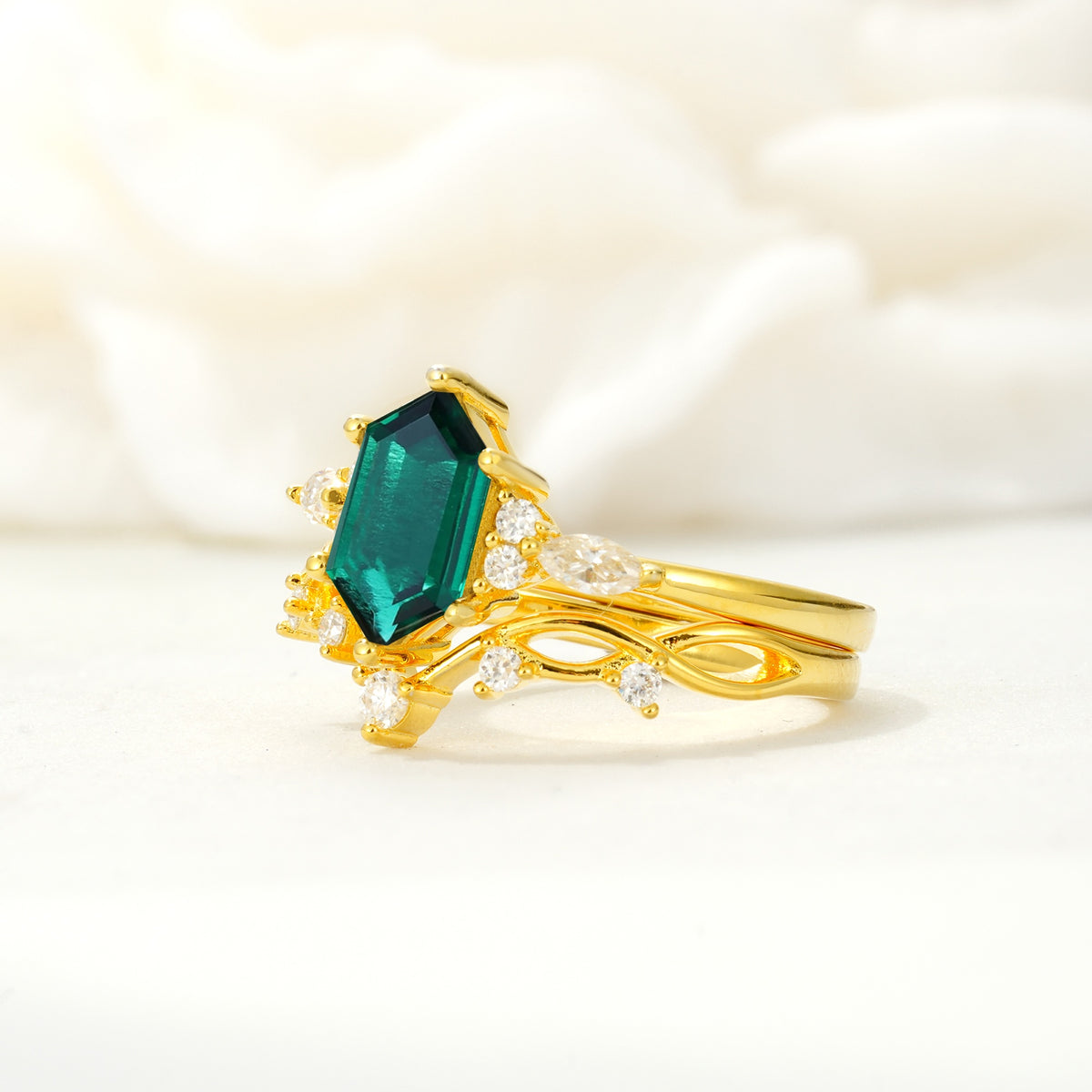 Elegant Long Hexagonal Cut Twisted Vine Emerald Engagement Ring - Rose-Gold