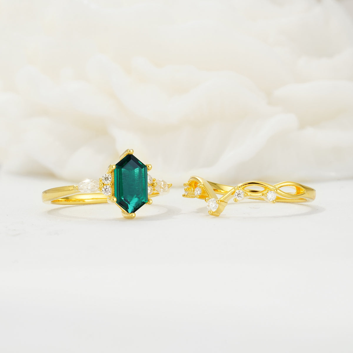 Elegant Long Hexagonal Cut Twisted Vine Emerald Engagement Ring - White-Gold