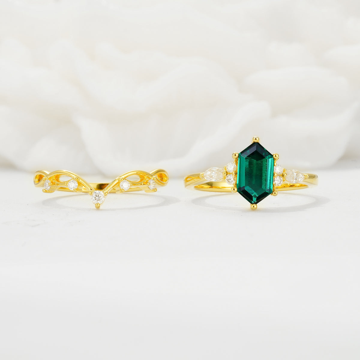 Elegant Long Hexagonal Cut Twisted Vine Emerald Engagement Ring - Additional view