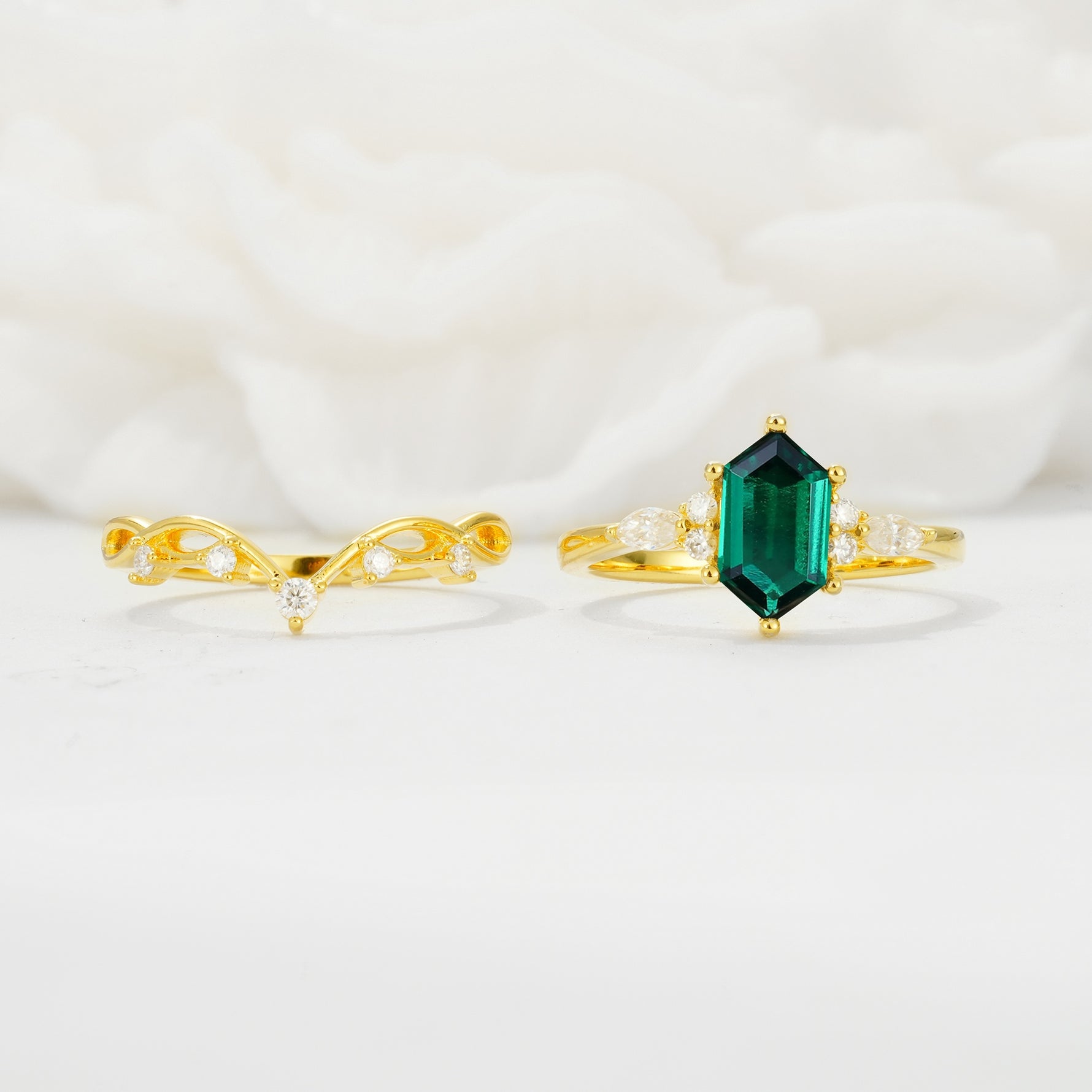 Elegant Long Hexagonal Cut Twisted Vine Emerald Engagement Ring - Additional view