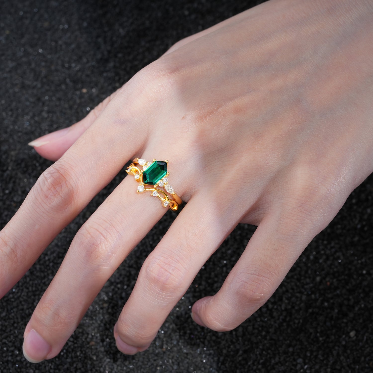 Elegant Long Hexagonal Cut Twisted Vine Emerald Engagement Ring