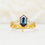 Elegant Long Hexagonal Cut Twisted Vine Alexandrite Engagement Ring - Yellow-Gold