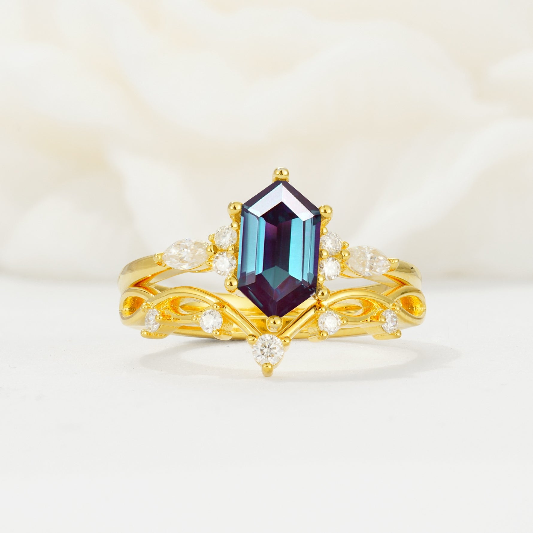 Elegant Long Hexagonal Cut Twisted Vine Alexandrite Engagement Ring - Yellow-Gold