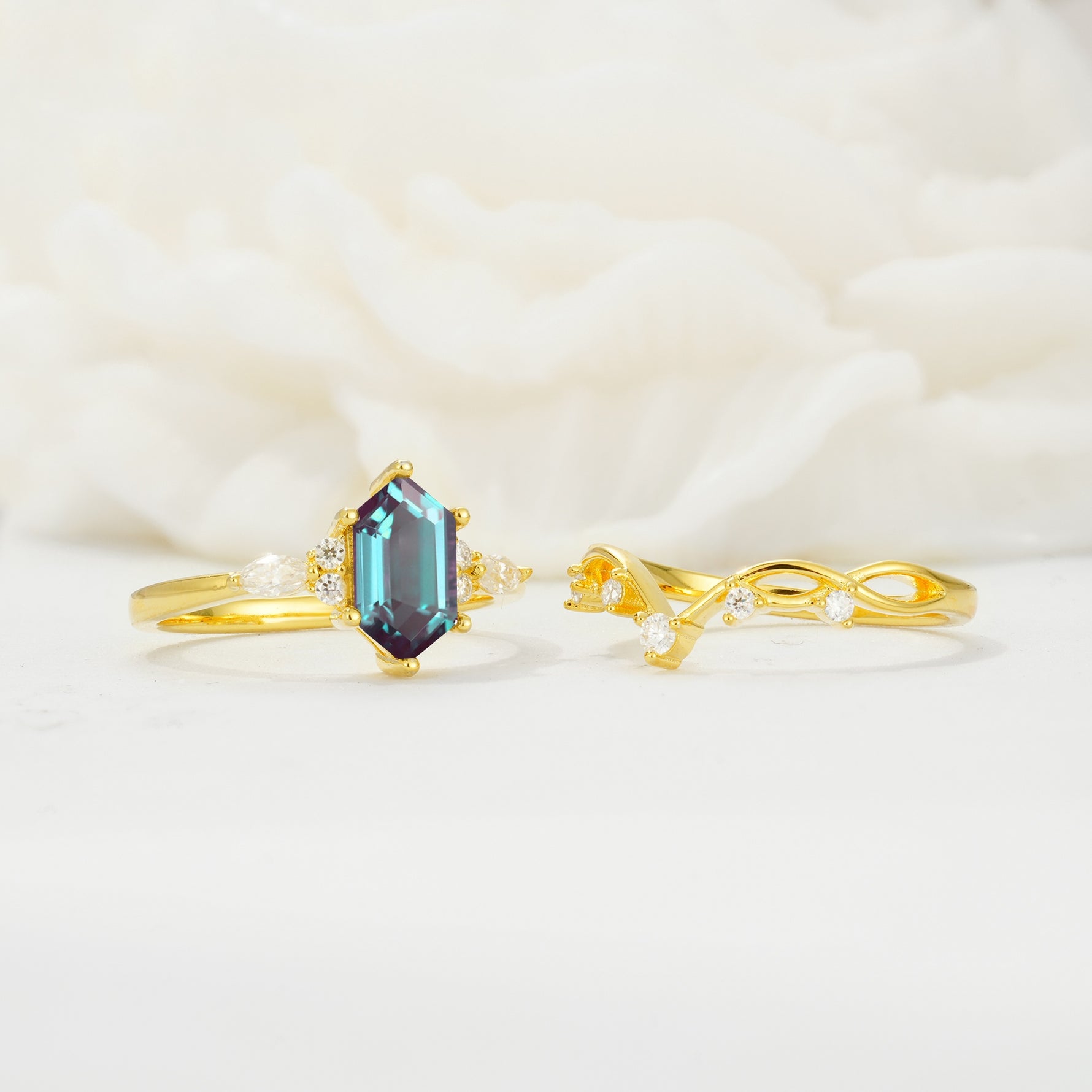 Elegant Long Hexagonal Cut Twisted Vine Alexandrite Engagement Ring - White-Gold