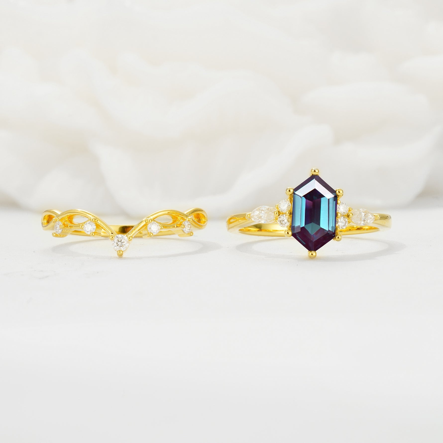 Elegant Long Hexagonal Cut Twisted Vine Alexandrite Engagement Ring - Additional view