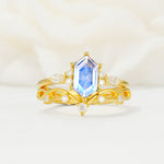 Elegant Long Hexagonal Cut Twisted Vine Moonstone Engagement Ring - Yellow-Gold