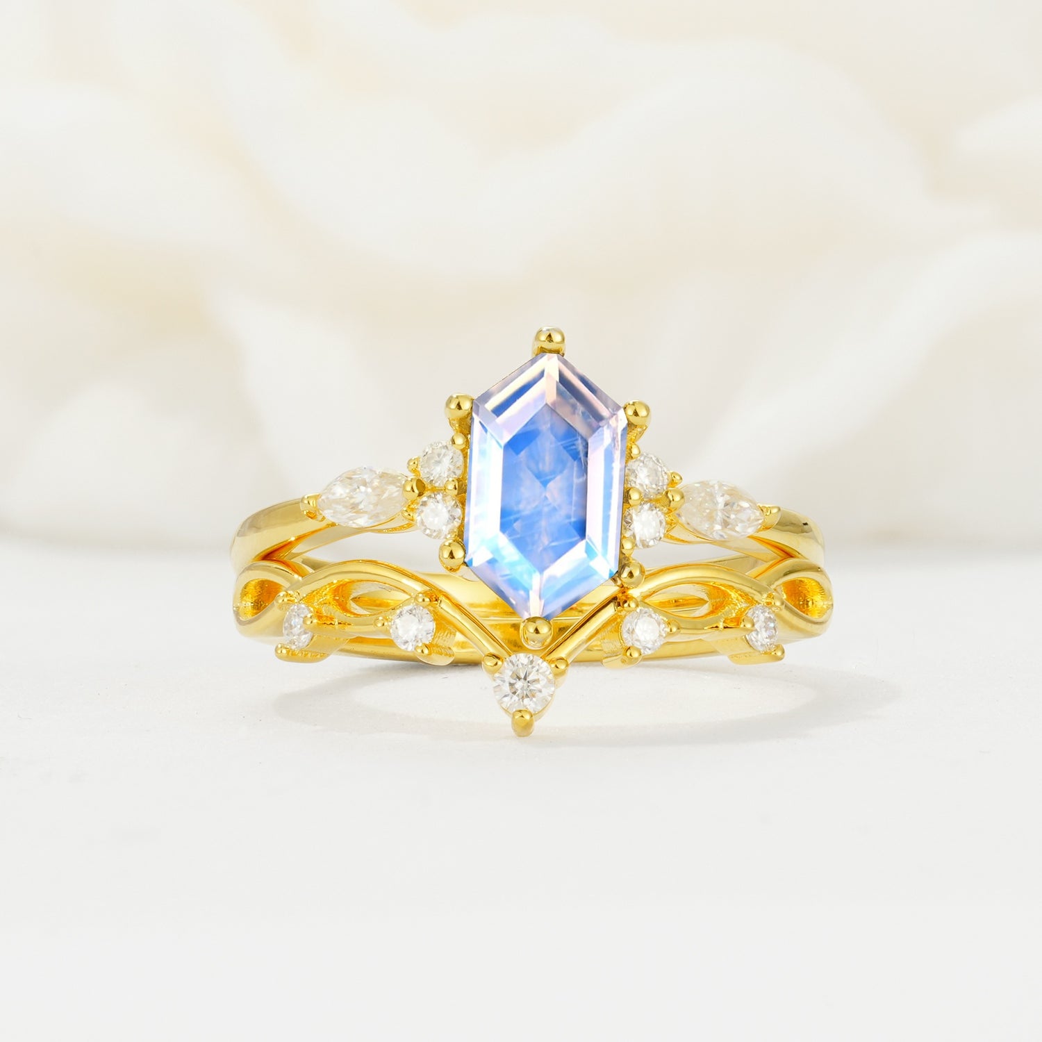 Elegant Long Hexagonal Cut Twisted Vine Moonstone Engagement Ring - Yellow-Gold