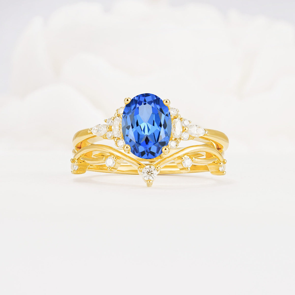 Oval Cut Sapphire Marquise Leaf Vine Bridal Ring Set - Yellow-Gold