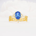 Oval Cut Sapphire Marquise Leaf Vine Bridal Ring Set - Yellow-Gold