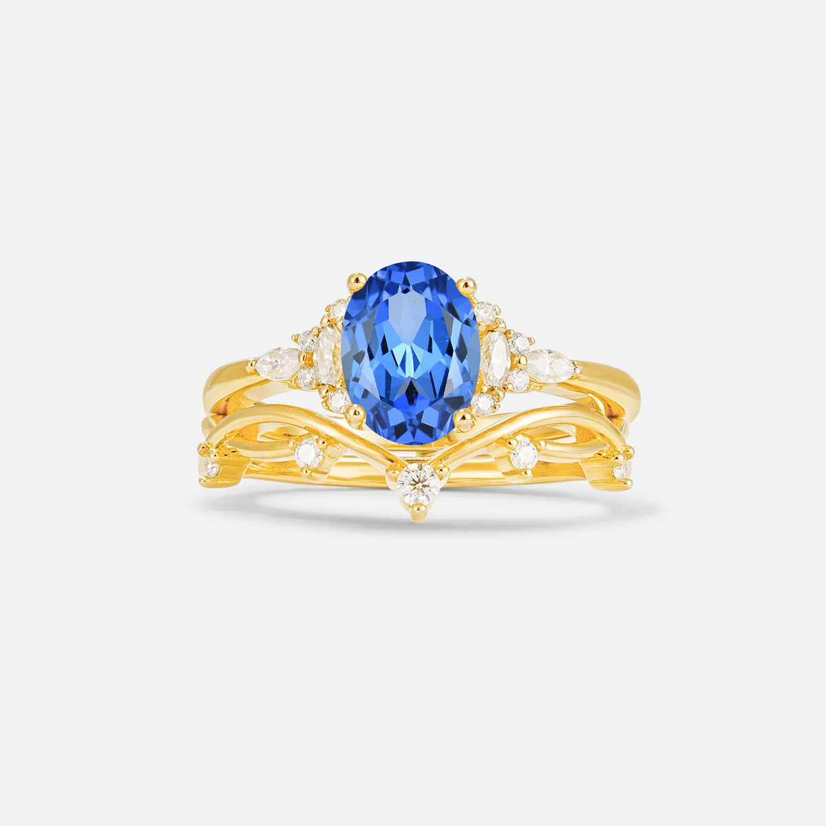 Oval Cut Sapphire Marquise Leaf Vine Bridal Ring Set - Yellow-Gold