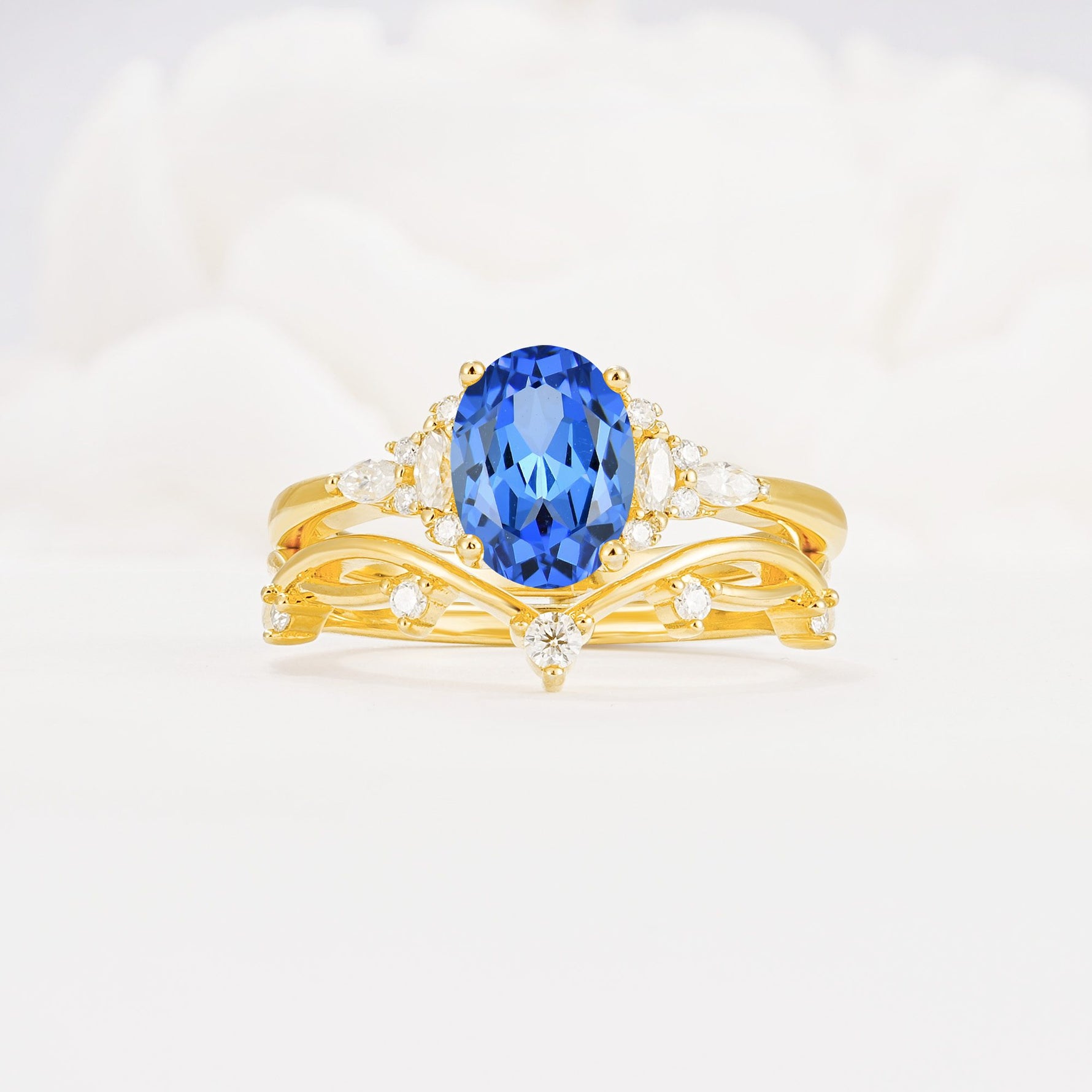 Oval Cut Sapphire Marquise Leaf Vine Bridal Ring Set - Yellow-Gold