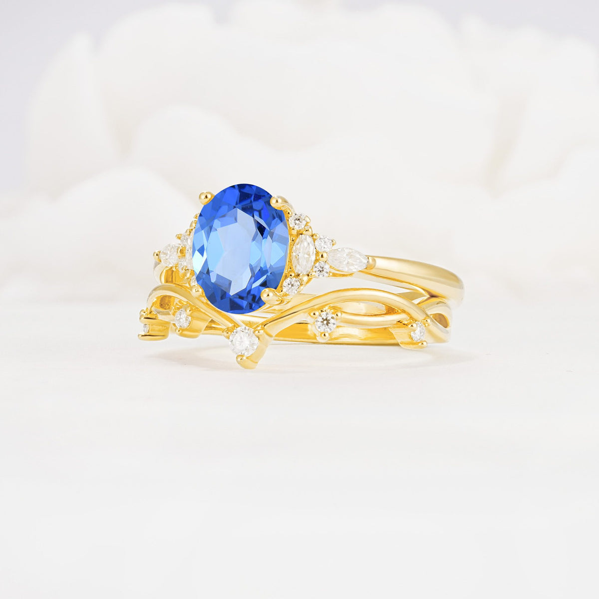 Oval Cut Sapphire Marquise Leaf Vine Bridal Ring Set - Rose-Gold