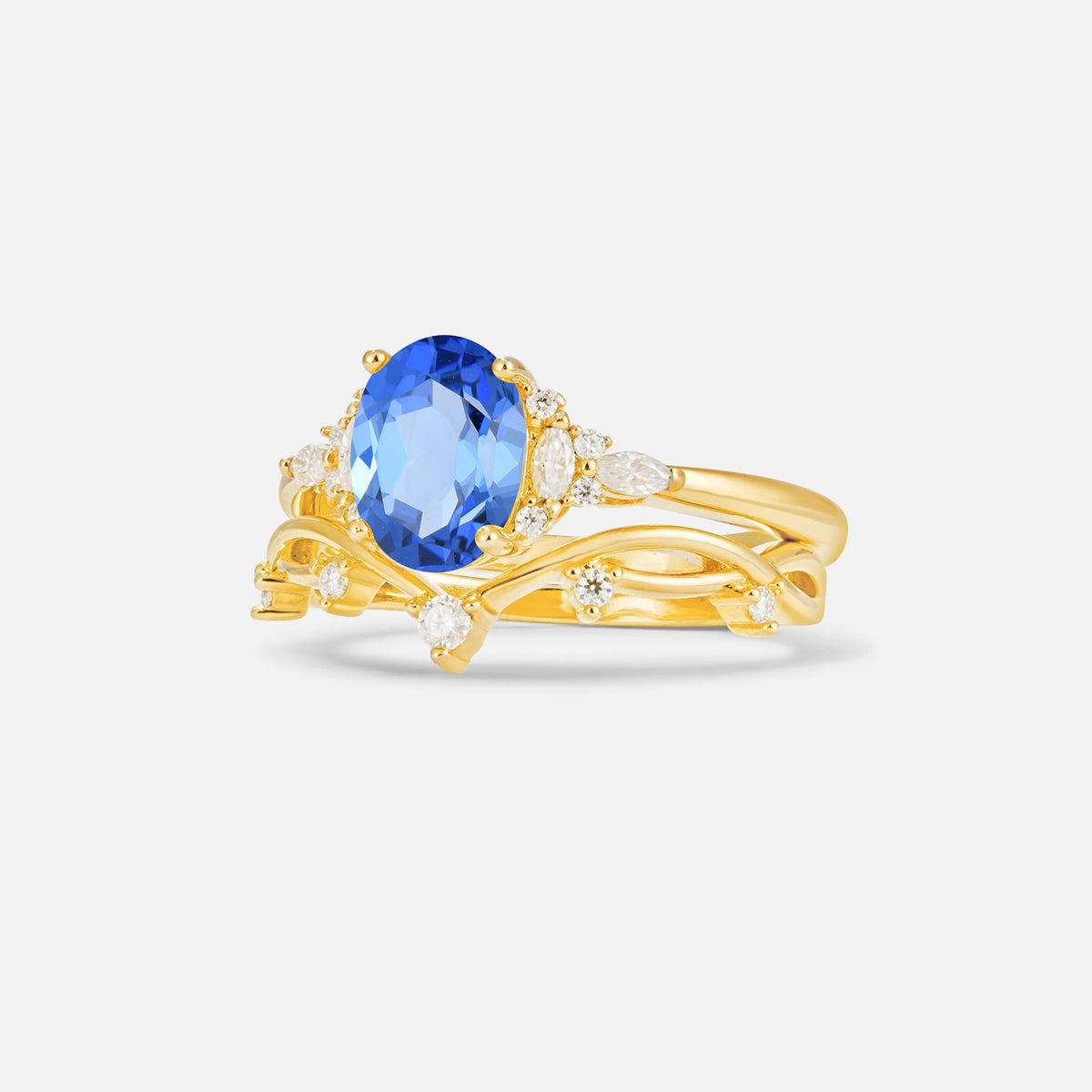 Oval Cut Sapphire Marquise Leaf Vine Bridal Ring Set - Rose-Gold