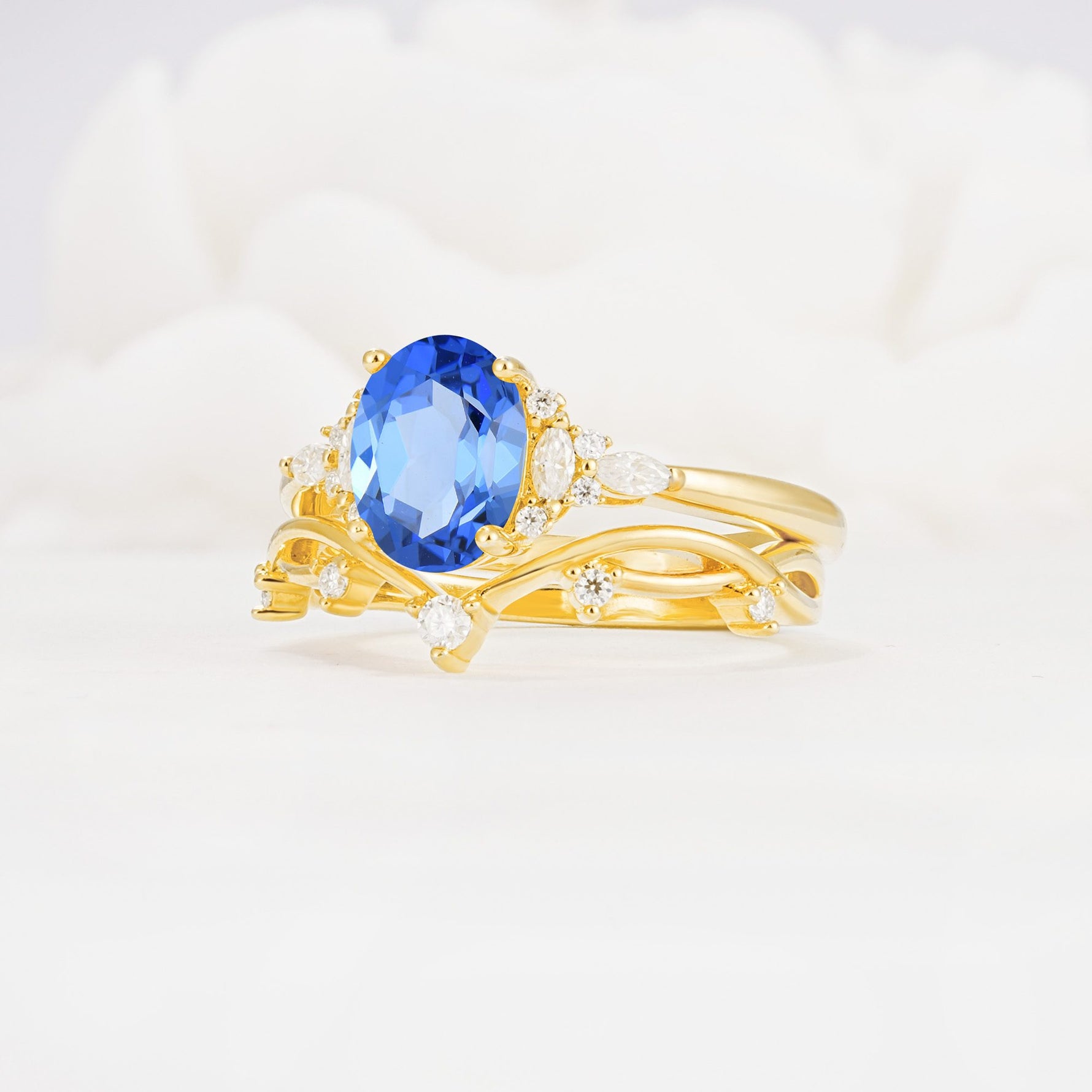 Oval Cut Sapphire Marquise Leaf Vine Bridal Ring Set - Rose-Gold
