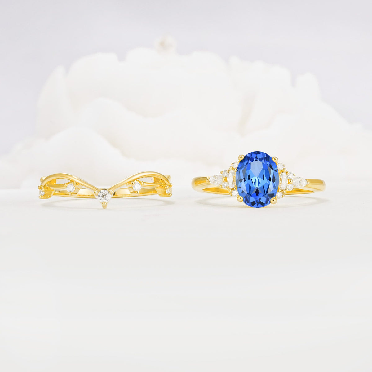 Oval Cut Sapphire Marquise Leaf Vine Bridal Ring Set - White-Gold