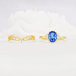 Oval Cut Sapphire Marquise Leaf Vine Bridal Ring Set - White-Gold