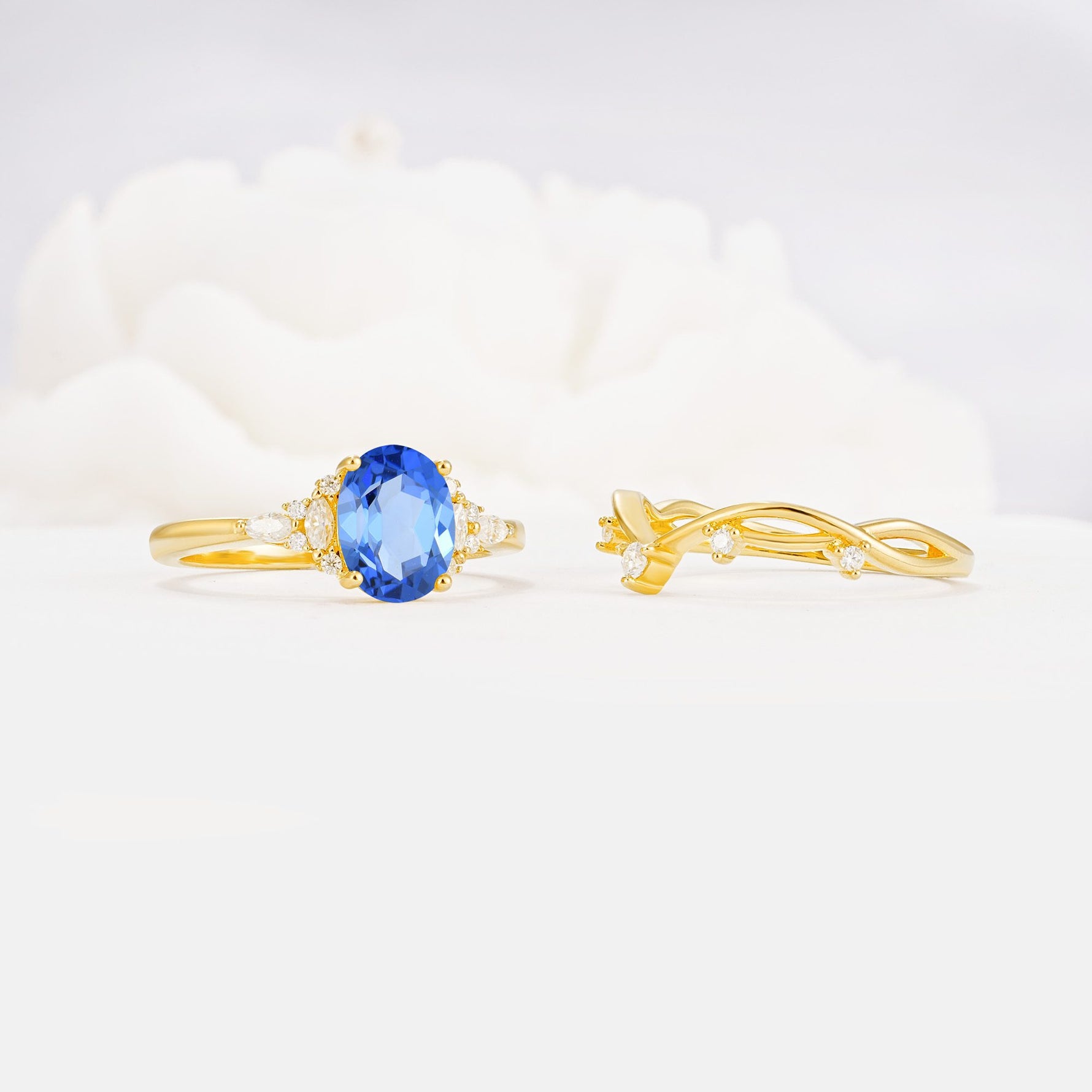 Oval Cut Sapphire Marquise Leaf Vine Bridal Ring Set - Additional view