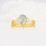 Nature-Inspired Oval Cut Fire Opal Bridal Ring Set - Yellow-Gold