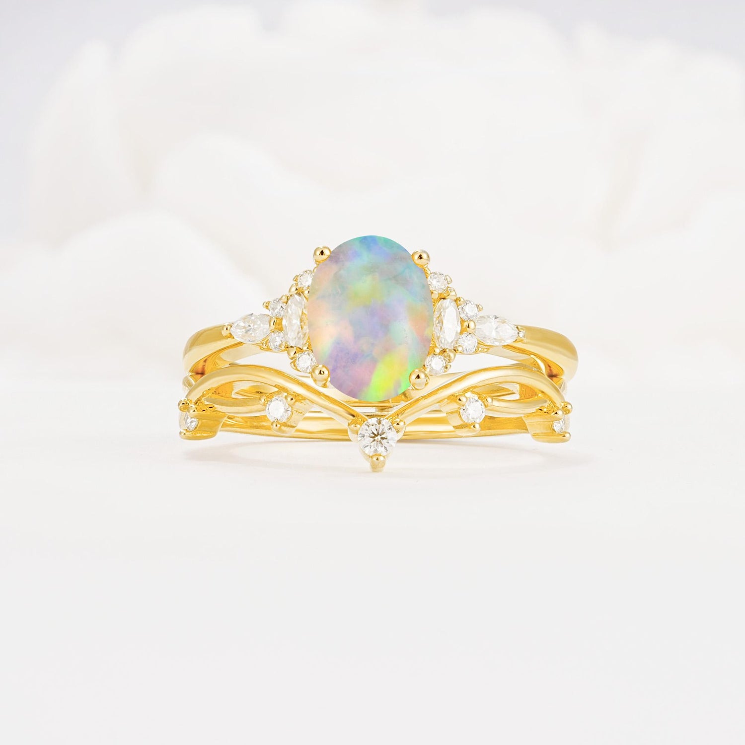 Nature-Inspired Oval Cut Fire Opal Bridal Ring Set - Yellow-Gold