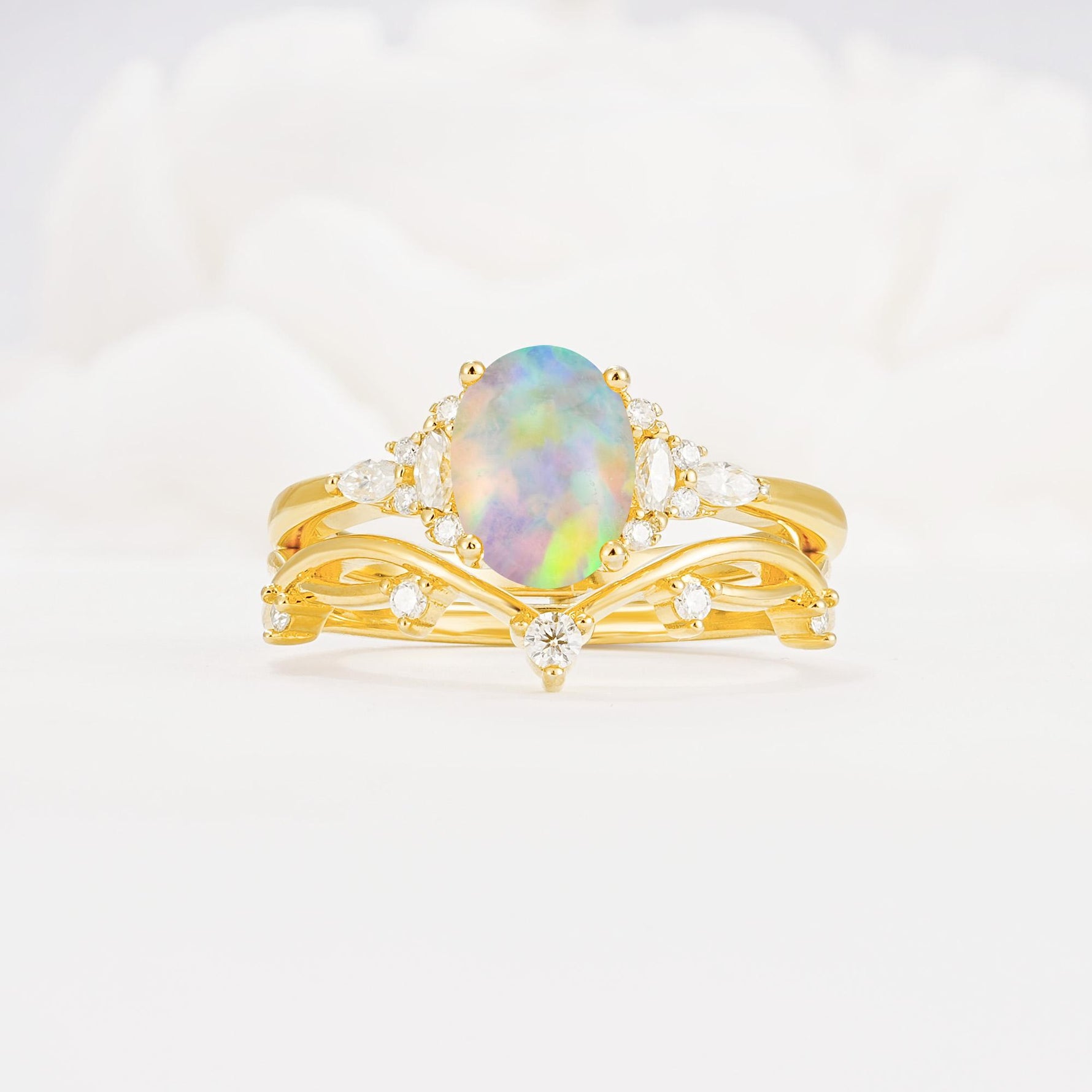 Nature-Inspired Oval Cut Fire Opal Bridal Ring Set - Yellow-Gold