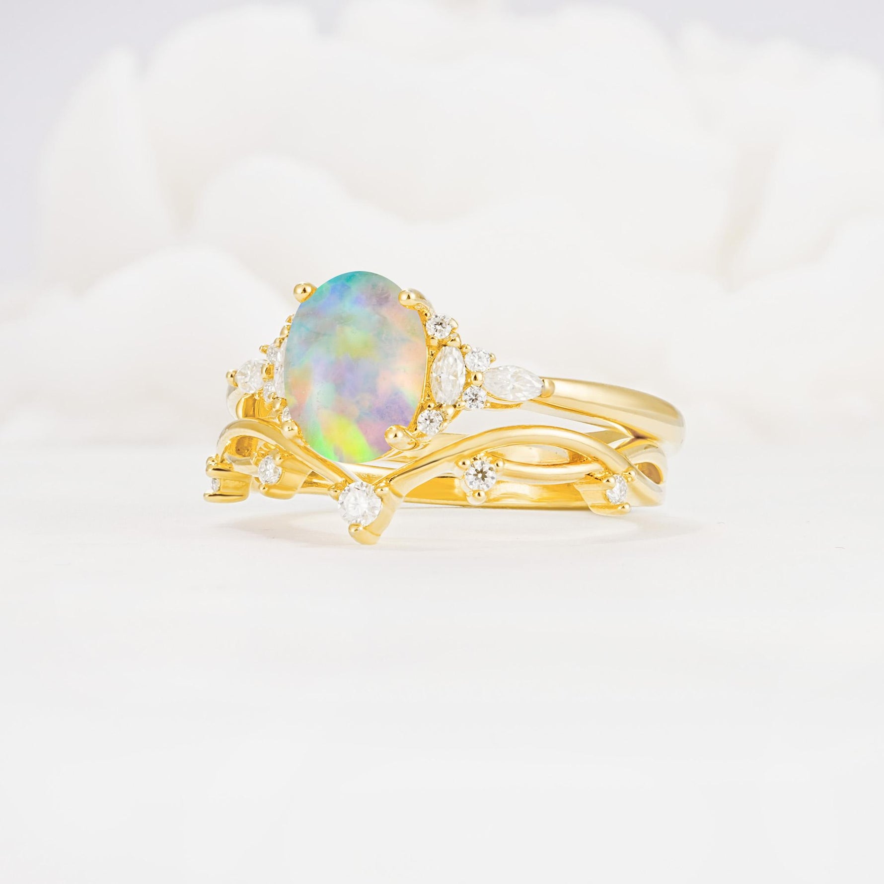 Nature-Inspired Oval Cut Fire Opal Bridal Ring Set - Rose-Gold